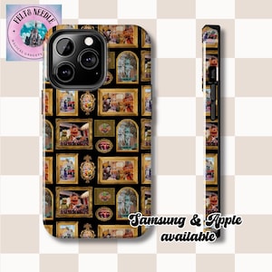 May include: A black phone case with a repeating pattern of gold picture frames featuring images of Muppets characters. The text "Felt & Needle" is in the top left corner of the image. The text "Samsung & Apple available" is at the bottom of the image.