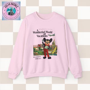 Vintage Style Disney World Sweatshirt, 70s Retro Crewneck Jumper, Mickey Mouse, Cinderella's Castle, Monorail, Contemporary Resort, Gift for Light Pink
