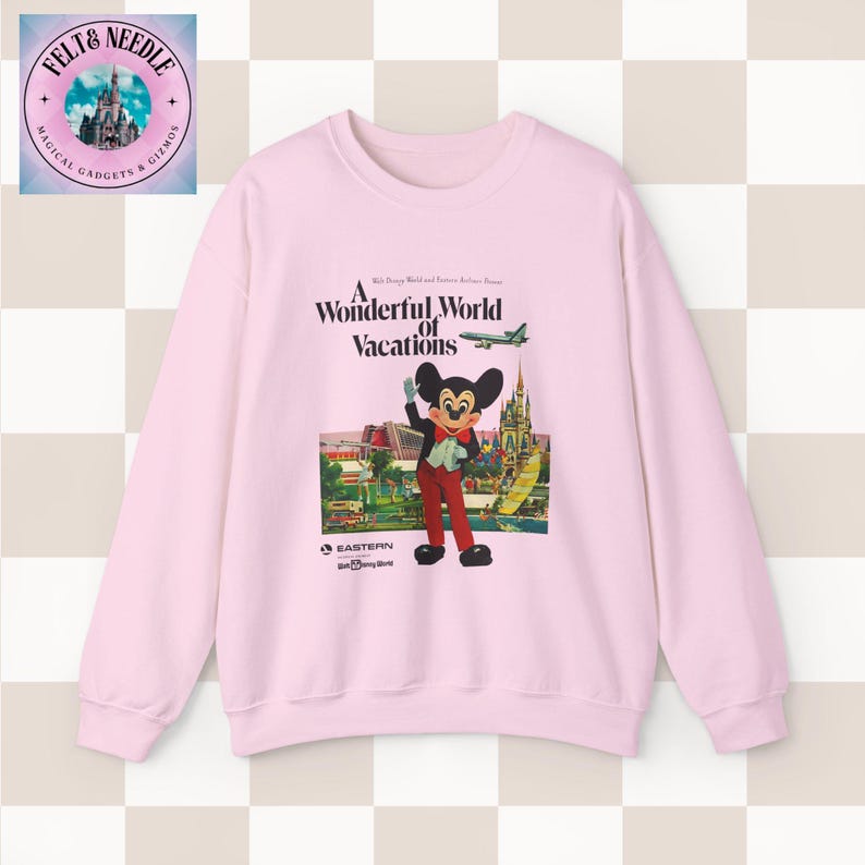 Vintage Style Disney World Sweatshirt, 70s Retro Crewneck Jumper, Mickey Mouse, Cinderella's Castle, Monorail, Contemporary Resort, Gift for Light Pink
