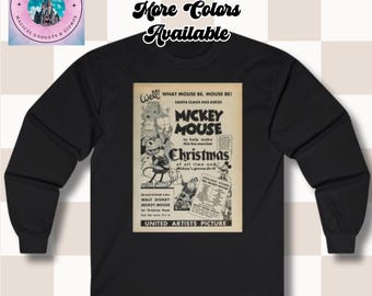 Maglietta vintage a maniche lunghe di Topolino per Natale, maglietta natalizia Disney retrò, maglietta natalizia classica di Topolino, maglietta di Topolino stampata su giornale, regalo per