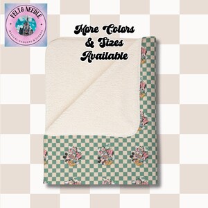 Sherpa Blanket, Green Taupe Checkerboard with Mickey and Friends Pattern, Cozy Throw for Disney Fans, Warm Bedding, Home Decor, Gift for
