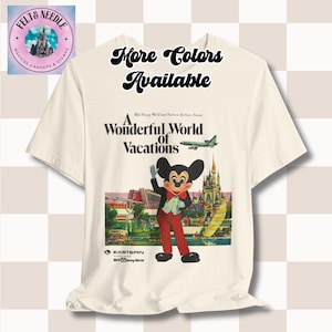 May include: A white t-shirt with a vintage-style graphic of Mickey Mouse in front of a colorful illustration of Walt Disney World. The text "A Wonderful World of Vacations" is above Mickey Mouse. The text "Walt Disney World and Eastern Airlines Present" is above the text "A Wonderful World of Vacations". The text "Eastern Walt Disney World" is below Mickey Mouse.