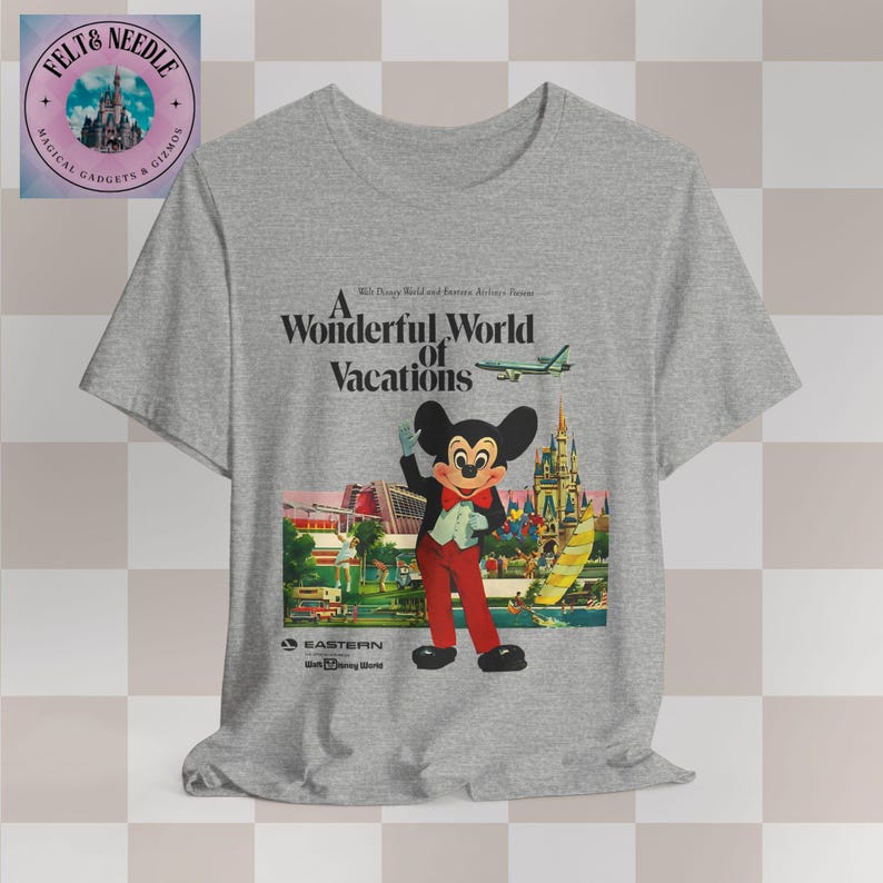 Vintage Retro Walt Disney World Unisex Tee, 70s Airline Travel Advertisement Shirt, Men Women Souvenir Top, Vacation Theme Park Apparel, Athletic Heather