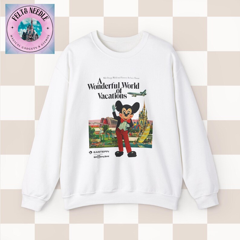 Vintage Style Disney World Sweatshirt, 70s Retro Crewneck Jumper, Mickey Mouse, Cinderella's Castle, Monorail, Contemporary Resort, Gift for White