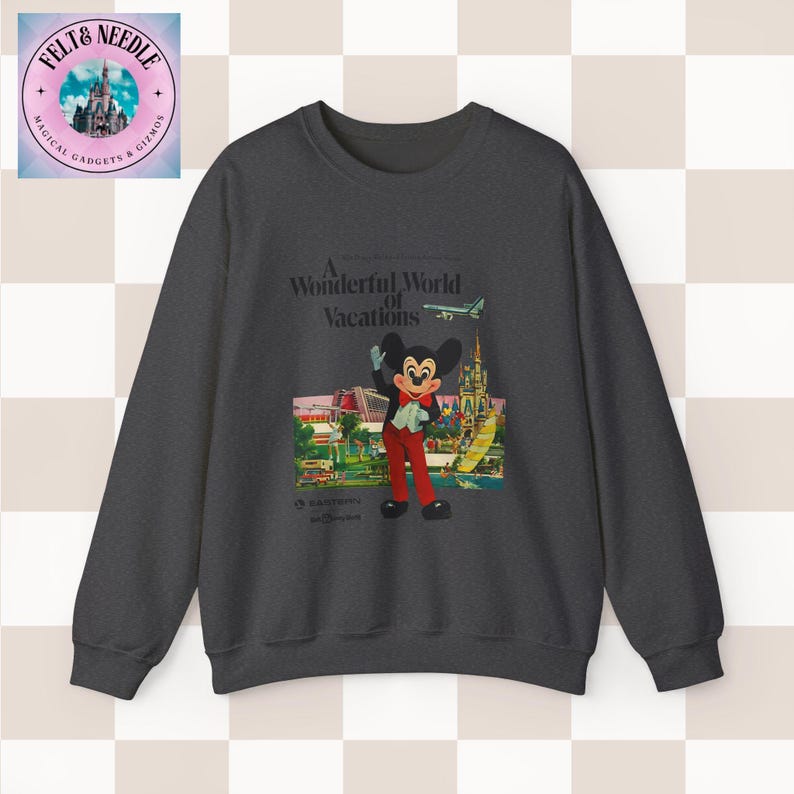 Vintage Style Disney World Sweatshirt, 70s Retro Crewneck Jumper, Mickey Mouse, Cinderella's Castle, Monorail, Contemporary Resort, Gift for Dark Heather