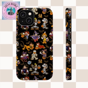 May include: Black phone case featuring a Halloween-themed pattern with cartoon characters like Mickey Mouse, Minnie Mouse, and Donald Duck in costumes. The case has a glossy finish and a side view showing the design wrapping around the edges.