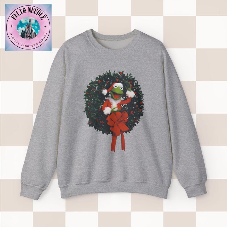 Felpa retrò di Babbo Natale Kermit, maglione girocollo anni '80 e '90, abbigliamento meme natalizio, pullover natalizio unisex, regalo di Natale divertente, hipster vintage Sport Grey