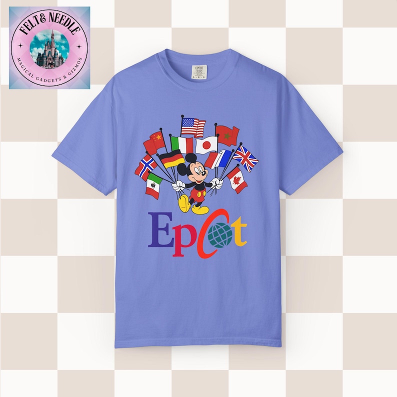 Camiseta Comfort Colors de inspiración vintage de Mickey Mouse para Epcot World Showcase Flo Blue