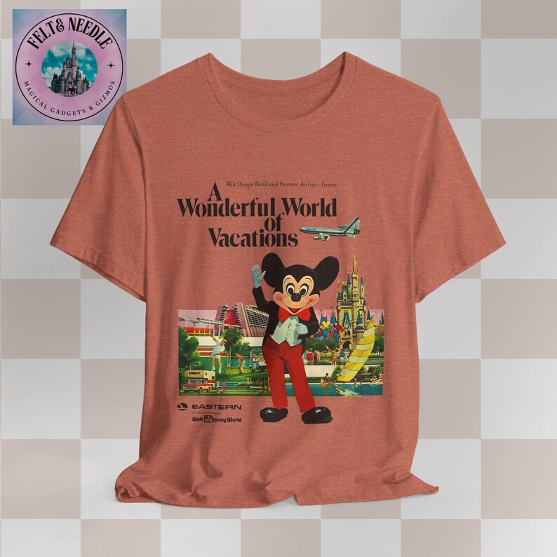 Vintage Retro Walt Disney World Unisex Tee, 70s Airline Travel Advertisement Shirt, Men Women Souvenir Top, Vacation Theme Park Apparel, Heather Clay