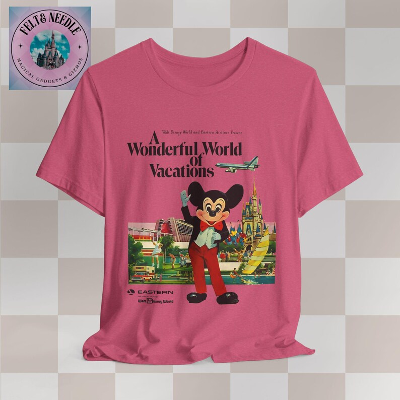 Vintage Retro Walt Disney World Unisex Tee, 70s Airline Travel Advertisement Shirt, Men Women Souvenir Top, Vacation Theme Park Apparel, Heather Raspberry