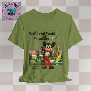 Vintage Retro Walt Disney World Unisex Tee, 70s Airline Travel Advertisement Shirt, Men Women Souvenir Top, Vacation Theme Park Apparel, Heather Green