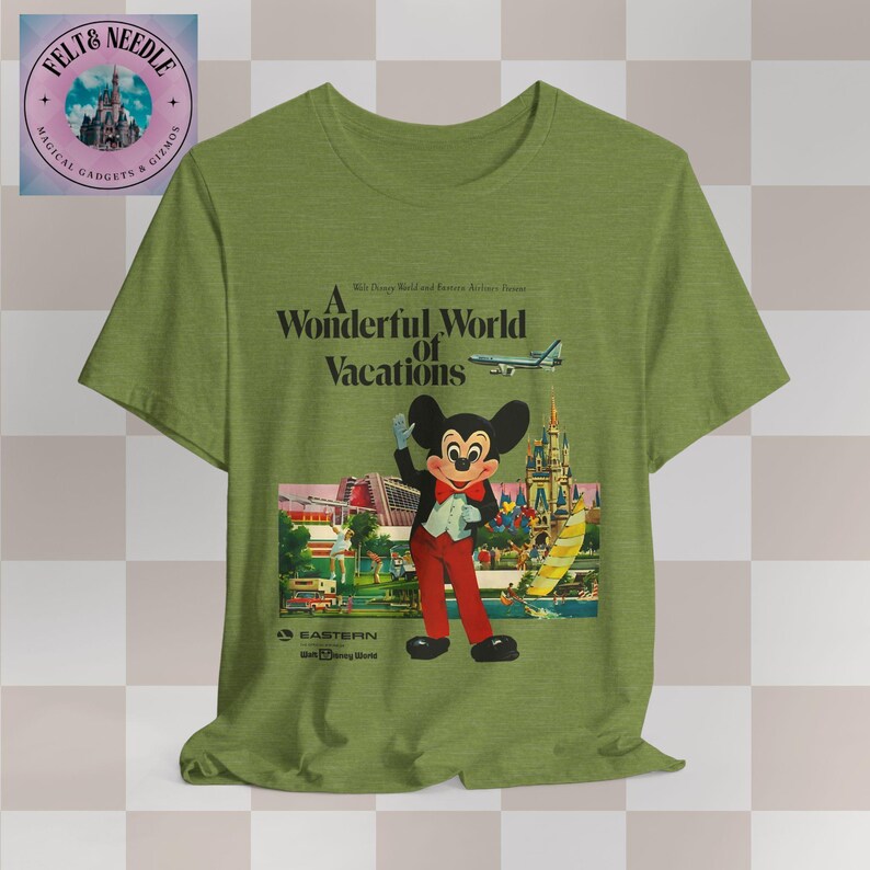 Vintage Retro Walt Disney World Unisex Tee, 70s Airline Travel Advertisement Shirt, Men Women Souvenir Top, Vacation Theme Park Apparel, Heather Green