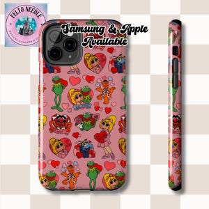 Funda rígida para teléfono retro de los Muppets, diseño de corazones de Kermit y Miss Piggy, fondo rosa, funda protectora para teléfono, accesorio genial para teléfono