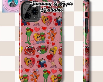 Retro Muppets Tough Phone Case, Kermit and Miss Piggy Hearts Pattern, Pink Background, Protective Phone Cover, Cool Phone Accessory