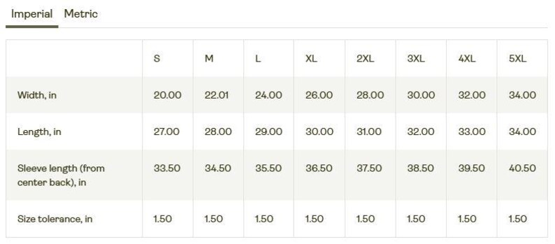 May include: A white chart displays clothing measurements in inches for sizes S through 5XL. Measurements include width, length, sleeve length, and size tolerance. The chart is labeled "Imperial" and "Metric".