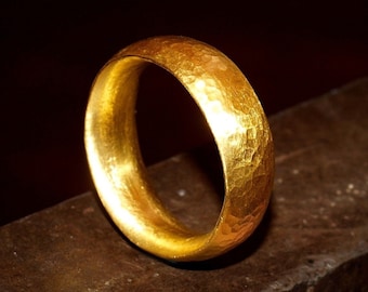 8mm Heavy 24k Gold Ring - Comfort Fit Style - Big Gold Wedding Band - Hand Forged Hammered Texture - Handmade Pure Gold Ring - .999 Gold
