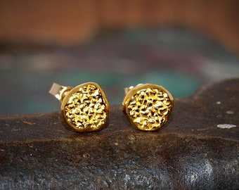 24k Gold Studs - Rough Texture - High Purity 5mm Gold Discs - Minimalist Gold Earrings - Solid Gold Stud Earrings 24k 14k