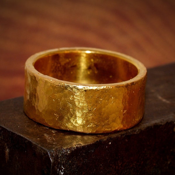 Heavy 24k Gold Cigar Band Ring - Pure Hand Forged Hammered Ring - Handmade Thick & Wide Style - 10mm x 2mm Solid .999 Purity Gold