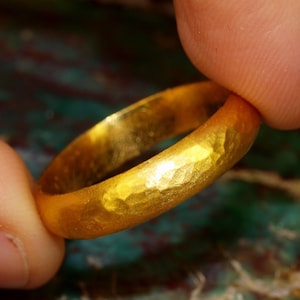 24k Gold Band - 5mm wide Solid Pure Gold - Hand Forged Hammered Half-Round Ring - Rustic Handmade - Rough Matte Finish - Pure .999 Gold Ring