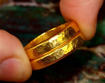 24k Double Gold Band - 8mm Stacked - Solid Pure Gold - Hand Forged Hammered Rings - Rustic Handmade Ring Pair - Pure .999 Gold Wedding Band