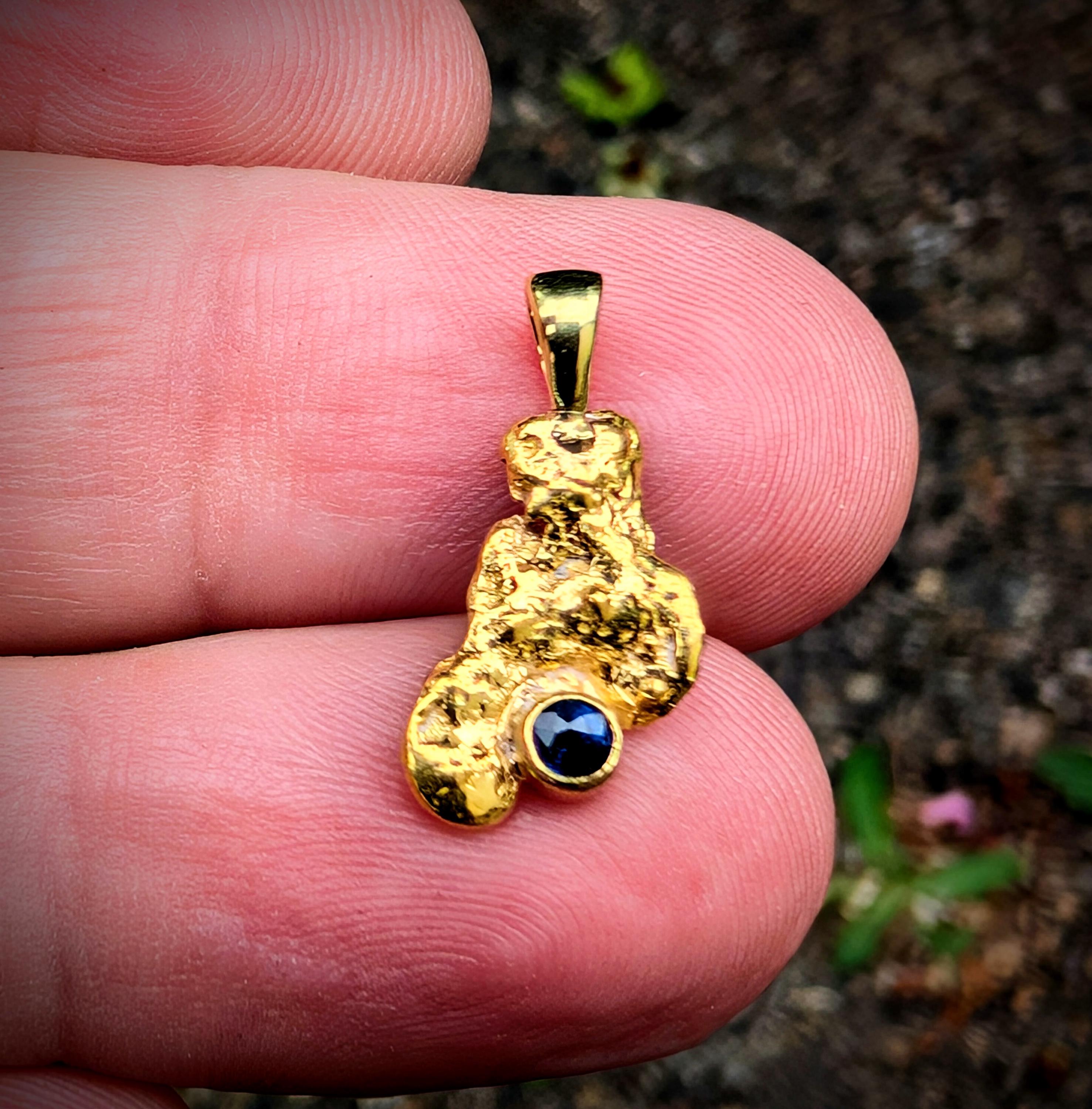 Pure Gold Nugget & Sapphire Pendant - Brilliant Genuine Raw Gold