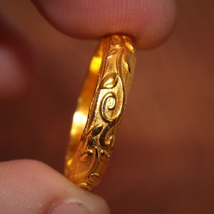 Floral Pattern 24k Gold Ring, Handmade Women's Band image 9