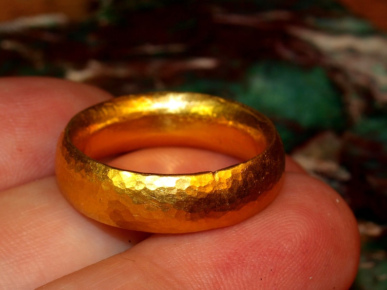 24k Gold Band - 7mm Comfort Fit Solid Gold Ring - Hand Forged Hammered Texture - Rustic Handmade Men's Engagement Ring - Pure .999 Gold image 2