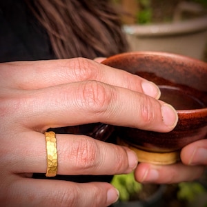24k Rustic Gold Ring - 5mm Wide Band - Heavy Strike Rough Texture - Thin Profile - Hand Forged Pure Gold - Rustic Handmade - .999 Gold Ring