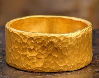 Heavy 24k Gold Cigar Band Ring, Pure Hand Forged Hammered, Handmade Thick & 10mm Wide Style