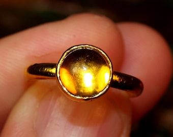 24k Gold Citrine Ring - Pure Solid Gold - Hand Forged Half-Round Ring - Golden Citrine Cabochon - Polished Finish - Pure .999 Gold (N1867)