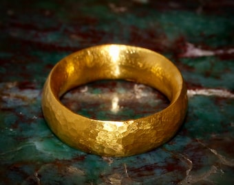 6mm Wide Comfort Fit Gold Ring - 24k Solid Gold Engagement Band - Hand Forged Hammered Texture - Rustic Handmade Pure Gold Ring - .999 Gold