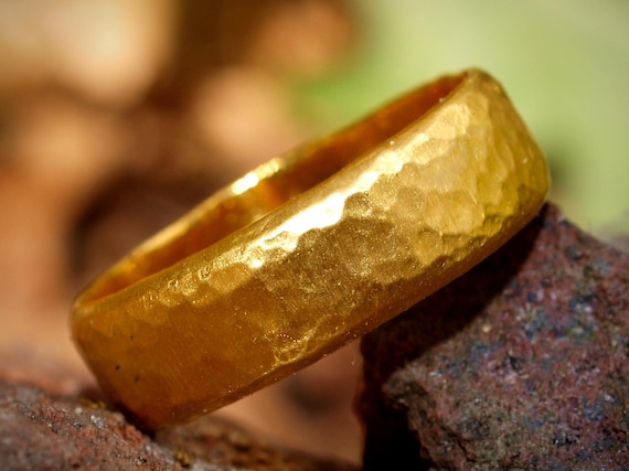 Wide Hammered Wedding Bands 24k Gold Ring 6mm Wide Band Hand