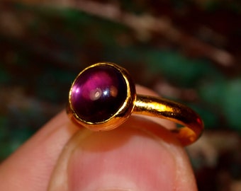24k Solid Gold Amethyst Ring - Solid Pure Gold - Hand Forged Half-Round Ring - Purple Amethyst Cabochon - Bright Polish - .999 Gold (N1868)