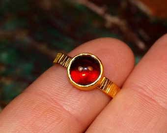 24k Solid Gold Garnet Ring - Solid Pure Gold - Hand Forged Ring - Deep Red Garnet Cabochon - .999 Gold - Custom Made - Many Sizes Available