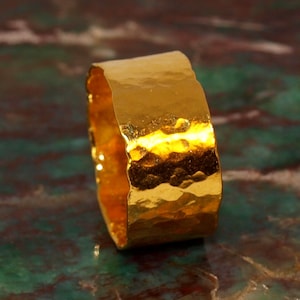 24k Gold Cigar Band Ring - 8mm Wide - Hand Forged Hammered Ring - Rustic Handmade - Thin & Wide Style - Solid .999 Purity Gold Band (R2)