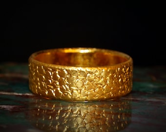 Handcrafted 24K Solid Yellow Gold - 6mm Wide Snakeskin Inspired Hammered Ring Organic Texture & Luxurious Shine of 24k - Handmade Forged