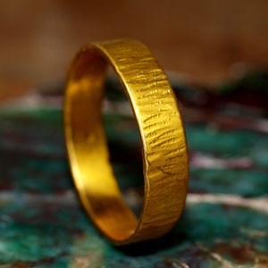 24k Gold Band - Solid Pure Gold - Hand Forged Hammered Flat Wide Ring - Rustic Handmade - Rough Matte Finish - Pure .999 Gold Ring