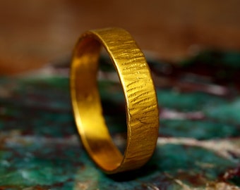 24k Gold Band - Solid Pure Gold - Hand Forged Hammered Flat Wide Ring - Rustic Handmade - Rough Matte Finish - Pure .999 Gold Ring