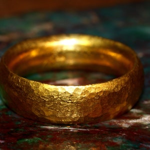 24k Gold Band - 7mm Comfort Fit Solid Gold Ring - Hand Forged Hammered Texture - Rustic Handmade Men's Engagement Ring - Pure .999 Gold image 7