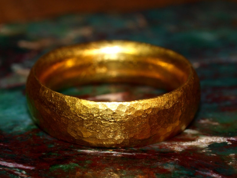 24k Gold Band - 7mm Comfort Fit Solid Gold Ring - Hand Forged Hammered Texture - Rustic Handmade Men's Engagement Ring - Pure .999 Gold image 7