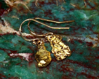 Gold Nugget Hanging Earrings - Natural Gold Nugget Jewelry - 14k Hooks with Real California Gold - Bright Raw Beautiful Gold Nuggets (N1572)
