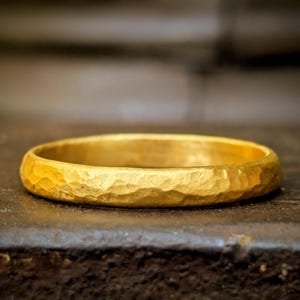 24k Pure Solid Gold Band, Hand Forged Hammered Finish, Half-Round Ring