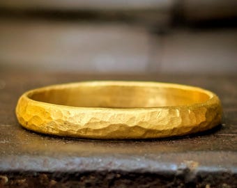 24k Pure Solid Gold Band, Hand Forged Hammered Finish, Half-Round Ring