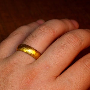 24k Gold Band - 7mm Comfort Fit Solid Gold Ring - Hand Forged Hammered Texture - Rustic Handmade Men's Engagement Ring - Pure .999 Gold image 8