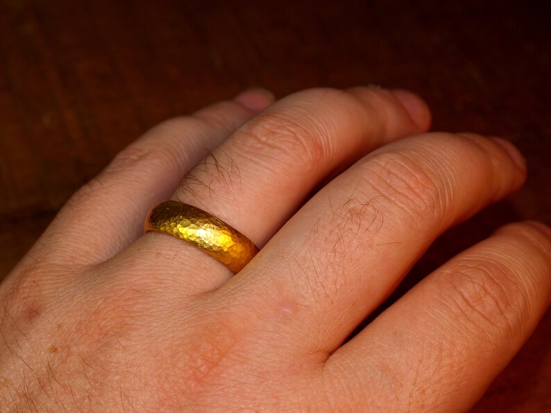 24k Gold Band - 7mm Comfort Fit Solid Gold Ring - Hand Forged Hammered Texture - Rustic Handmade Men's Engagement Ring - Pure .999 Gold image 8