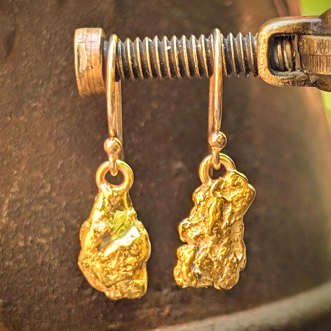 Gold Nugget Dangling Drop Earrings With Hooks, California Jewelry