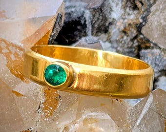 22k Gold Emerald Ring, Minimalist Stacking, Natural Green Gemstone