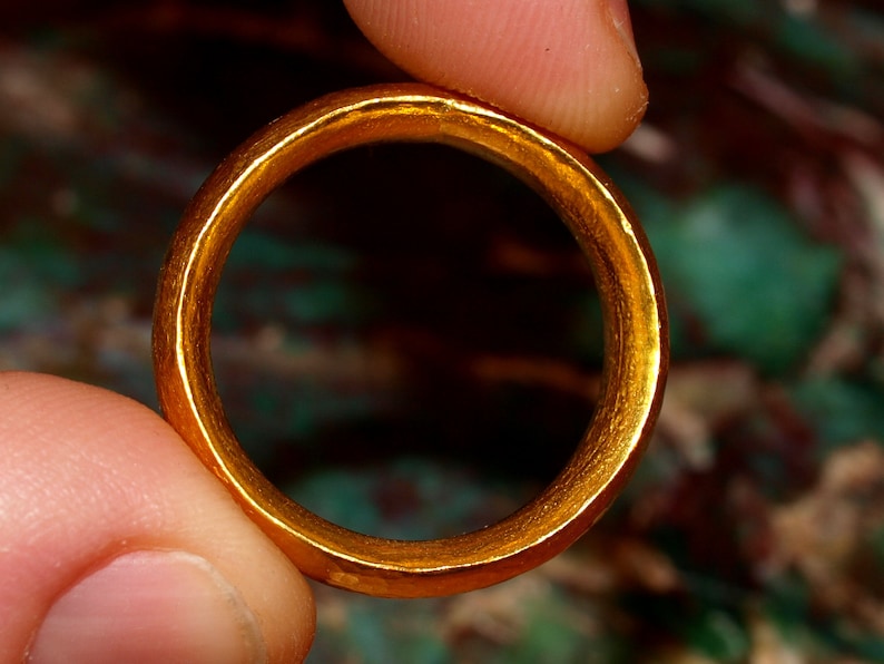 24k Gold Band - 7mm Comfort Fit Solid Gold Ring - Hand Forged Hammered Texture - Rustic Handmade Men's Engagement Ring - Pure .999 Gold image 4