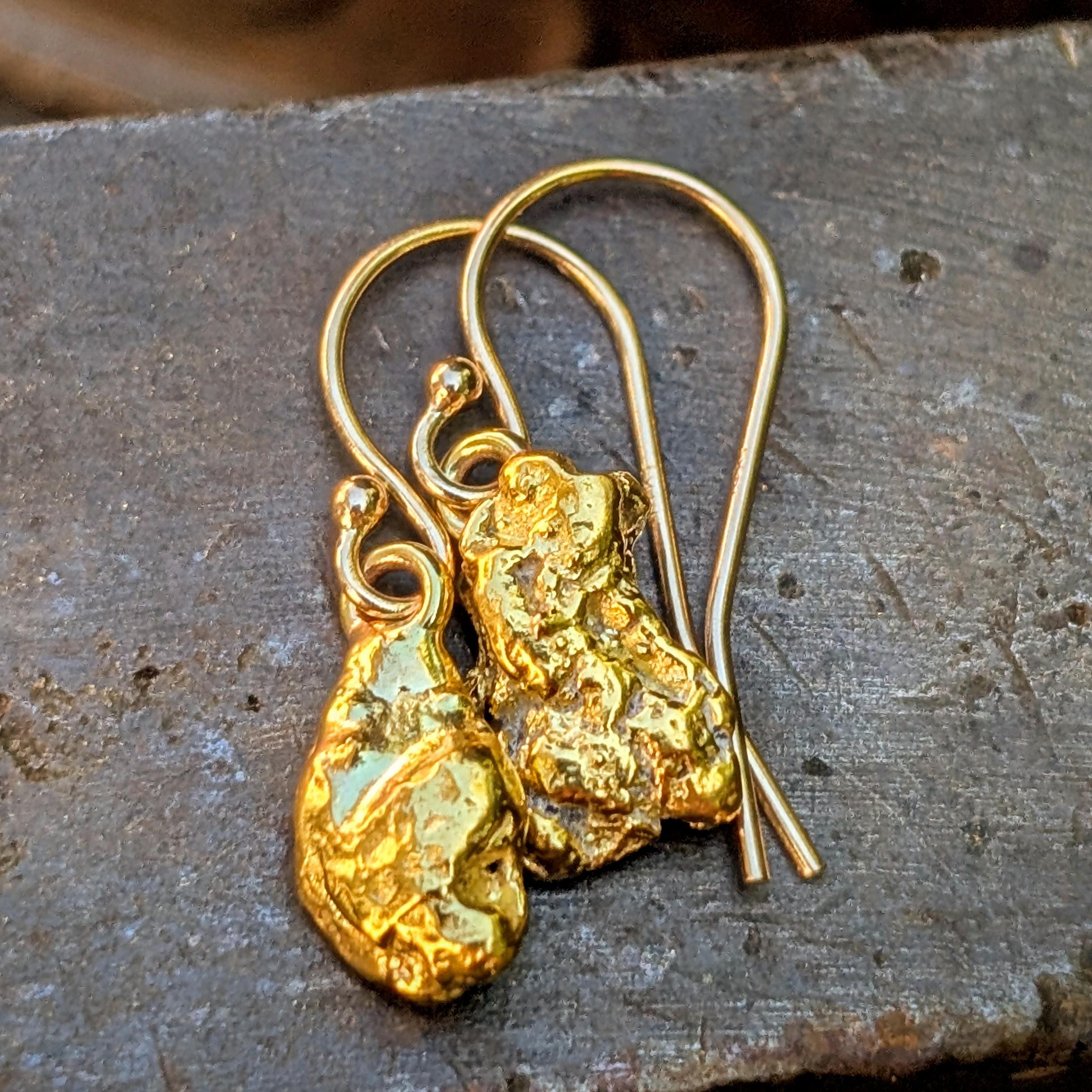 Gold Nugget Dangling Drop Earrings With Hooks, California Jewelry