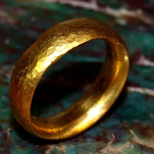 24k Gold Band - 7mm Comfort Fit Solid Gold Ring - Hand Forged Hammered Texture - Rustic Handmade Men's Engagement Ring - Pure .999 Gold image 6